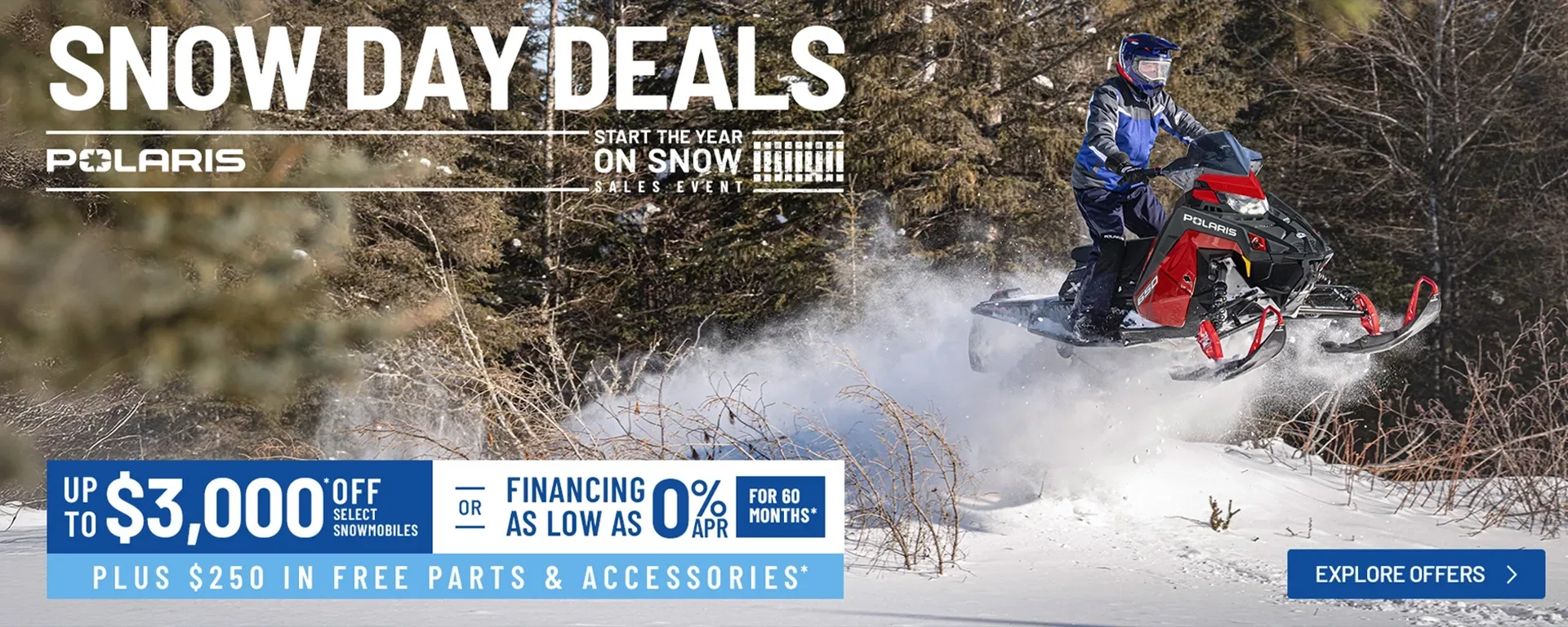 Polaris Snowmobiles is offering financing as low as 0% for 60 months OR up to $3,000 off on select snowmobiles for New Years Sales Event - Start The Year On Snow. alt