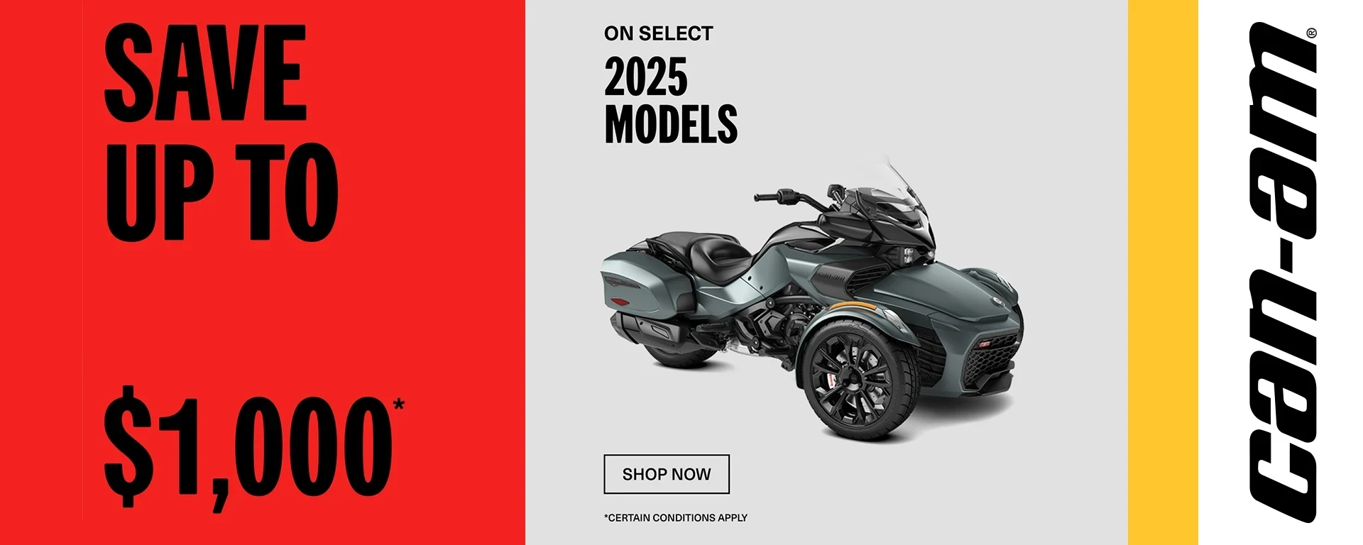 Get up to a $1,000 rebate or financing starting at 1.99% for 36 months on select 2025 Can-Am 3-Wheels alt
