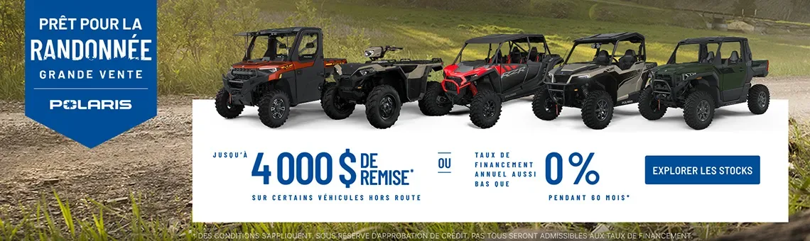 4 000 $ de remise sur certains véhicules hors route. Taux de financement aussi bas que 0 % pendant 60 mois.
