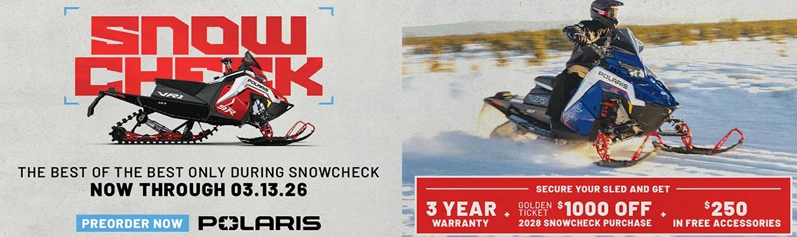 Polaris Snowmobiles is offering a 3 year warranty and $1,000 golden ticket toward a 2028 Snowcheck when you purchase a 2027 Polaris Snowmobile during SnowCheck, only from February 17 through March 13, 2026.