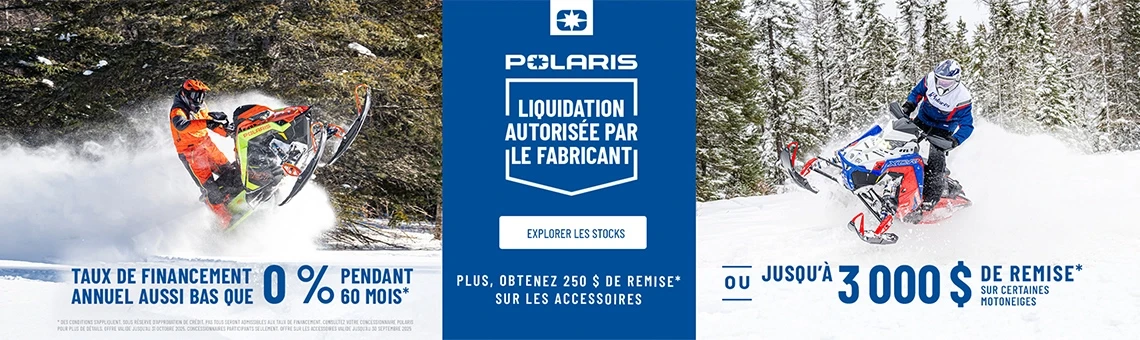 Polaris Snowmobiles propose un financement à taux réduit pouvant aller jusqu'à 0 % sur 60 mois OU une remise pouvant atteindre 3 000 $ sur une sélection de motoneiges dans le cadre d'une vente de liquidation autorisée par le fabricant.
