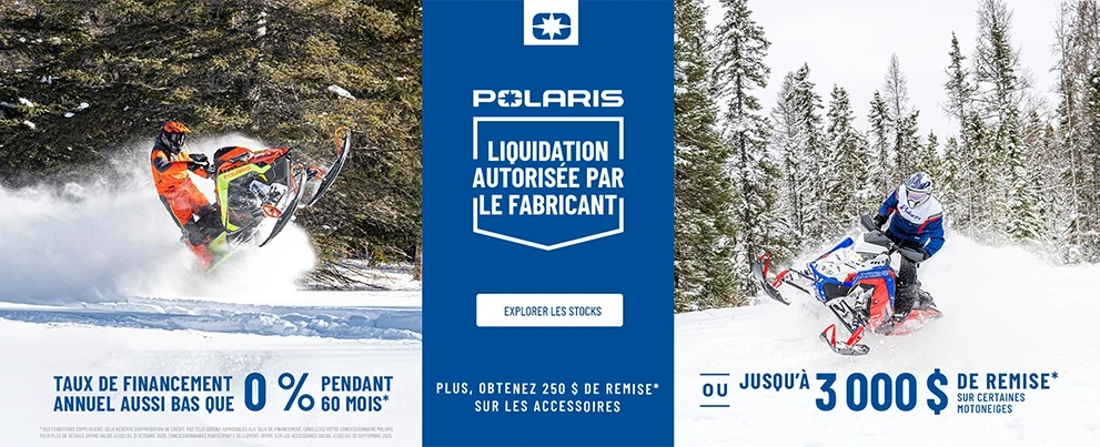 Polaris Snowmobiles propose un financement à taux réduit pouvant aller jusqu'à 0 % sur 60 mois OU une remise pouvant atteindre 3 000 $ sur une sélection de motoneiges dans le cadre d'une vente de liquidation autorisée par le fabricant.