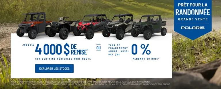 4 000 $ de remise sur certains véhicules hors route. Taux de financement aussi bas que 0 % pendant 60 mois.