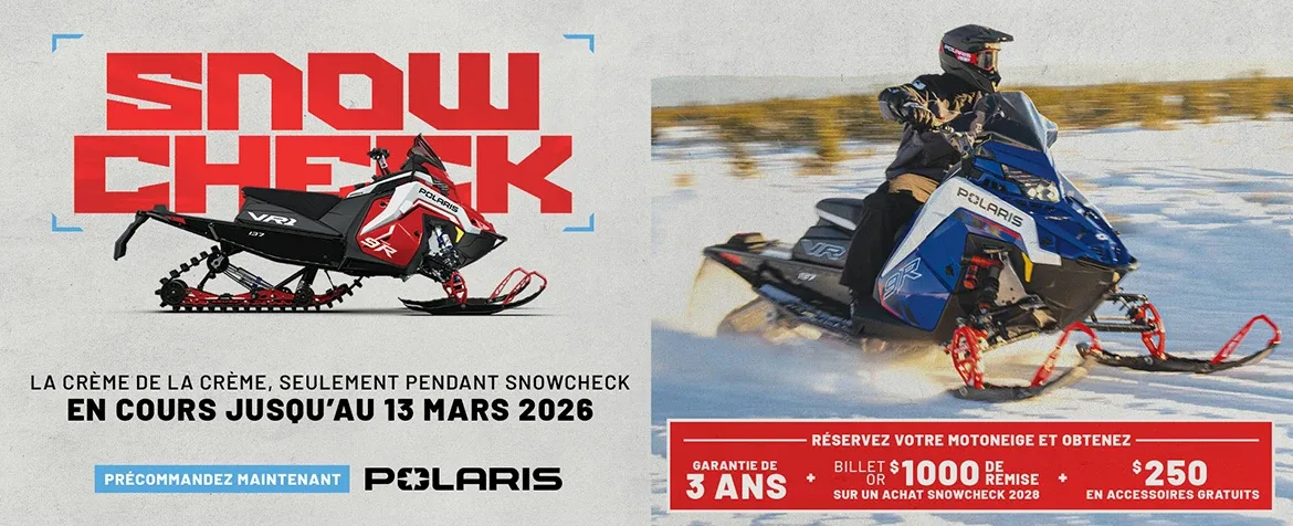 Polaris Snowmobiles offre une garantie de 3 ans et un billet doré de 1 000 $ pour un Snowcheck 2028 lors de l'achat d'une motoneige Polaris 2027 pendant le SnowCheck, uniquement du 17 février au 13 mars 2026.