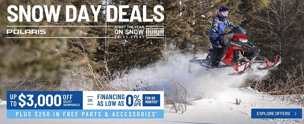 Polaris Snowmobiles is offering financing as low as 0% for 60 months OR up to $3,000 off on select snowmobiles for New Years Sales Event - Start The Year On Snow.