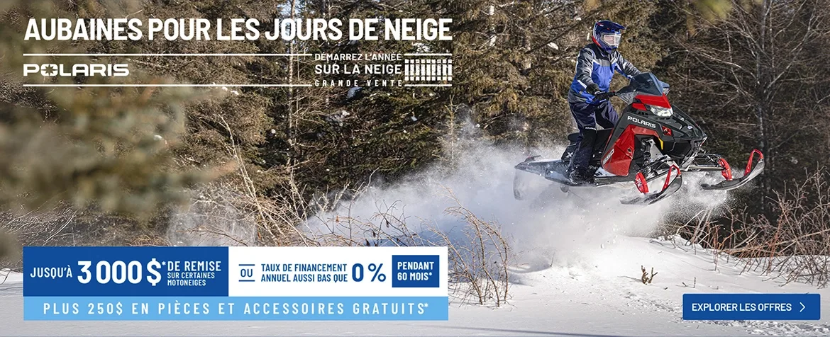 Motoneiges Polaris offre un financement aussi bas que 0 % pendant 60 mois OU jusqu'à 3 000 $ de rabais sur certains motoneiges lors de l'événement de vente du Nouvel An - Commencez l'année sur la neige.