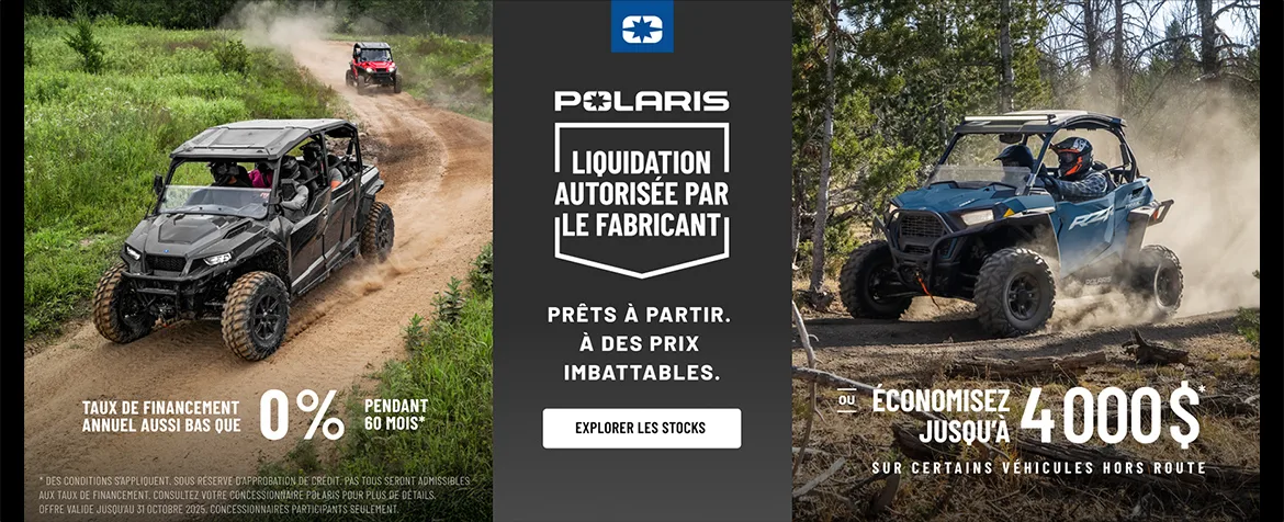 4 000 $ de remise sur certains véhicules hors route. Taux de financement aussi bas que 0% pendant 60 mois.