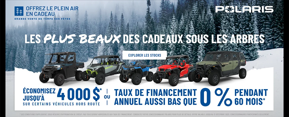 4 000 $ de remise sur certains véhicules hors route. Taux de financement aussi bas que 0% pendant 60 mois.