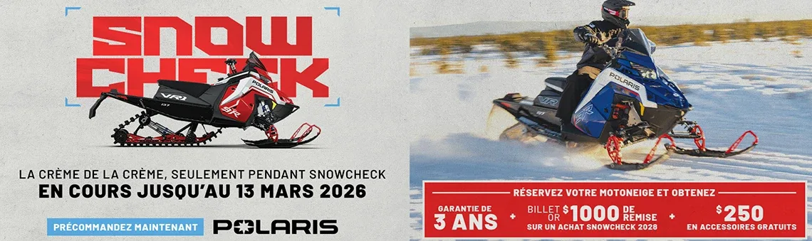 Polaris Snowmobiles offre une garantie de 3 ans et un billet doré de 1 000 $ pour un Snowcheck 2028 lors de l'achat d'une motoneige Polaris 2027 pendant le SnowCheck, uniquement du 17 février au 13 mars 2026.