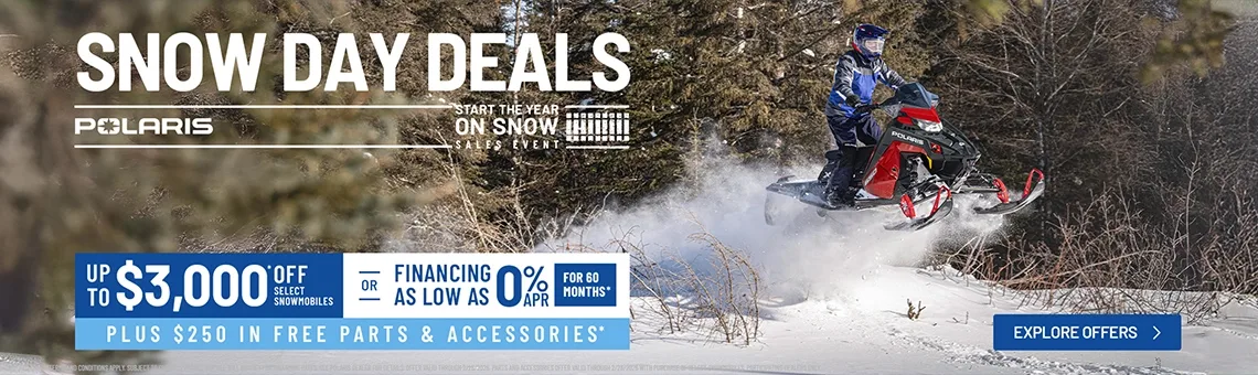 Polaris Snowmobiles is offering financing as low as 0% for 60 months OR up to $3,000 off on select snowmobiles for New Years Sales Event - Start The Year On Snow.