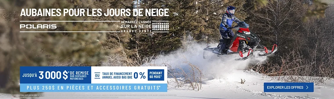 Motoneiges Polaris offre un financement aussi bas que 0 % pendant 60 mois OU jusqu'à 3 000 $ de rabais sur certains motoneiges lors de l'événement de vente du Nouvel An - Commencez l'année sur la neige.