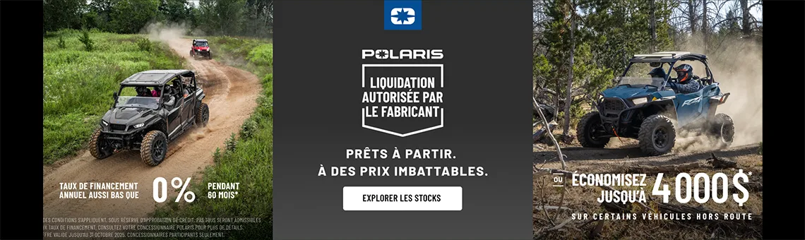 4 000 $ de remise sur certains véhicules hors route. ​​​​​​​Taux de financement aussi bas que 0% pendant 60 mois.