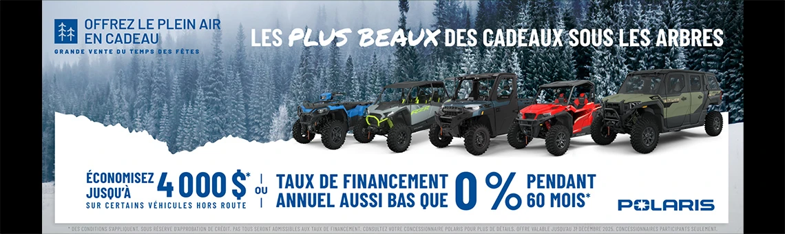 4 000 $ de remise sur certains véhicules hors route. Taux de financement aussi bas que 0% pendant 60 mois.